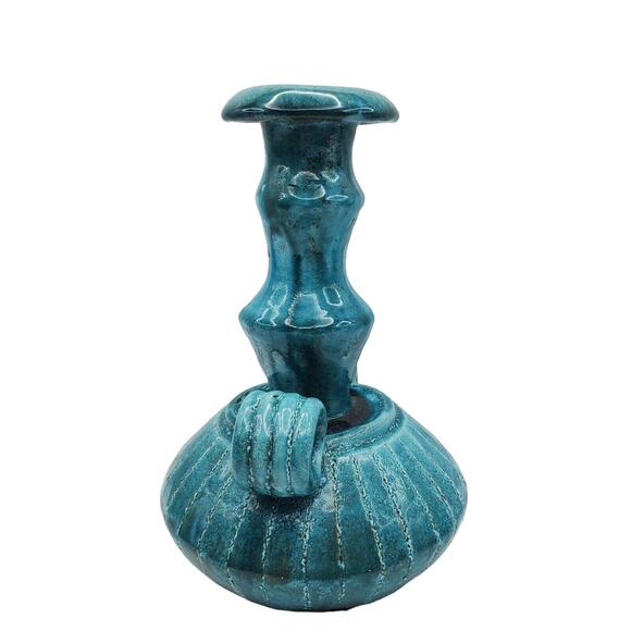 Vtg Turquoise Pottery Vase Mid Century Ceramic Double Handle Ribbed Boho Decor - Picture 6 of 10